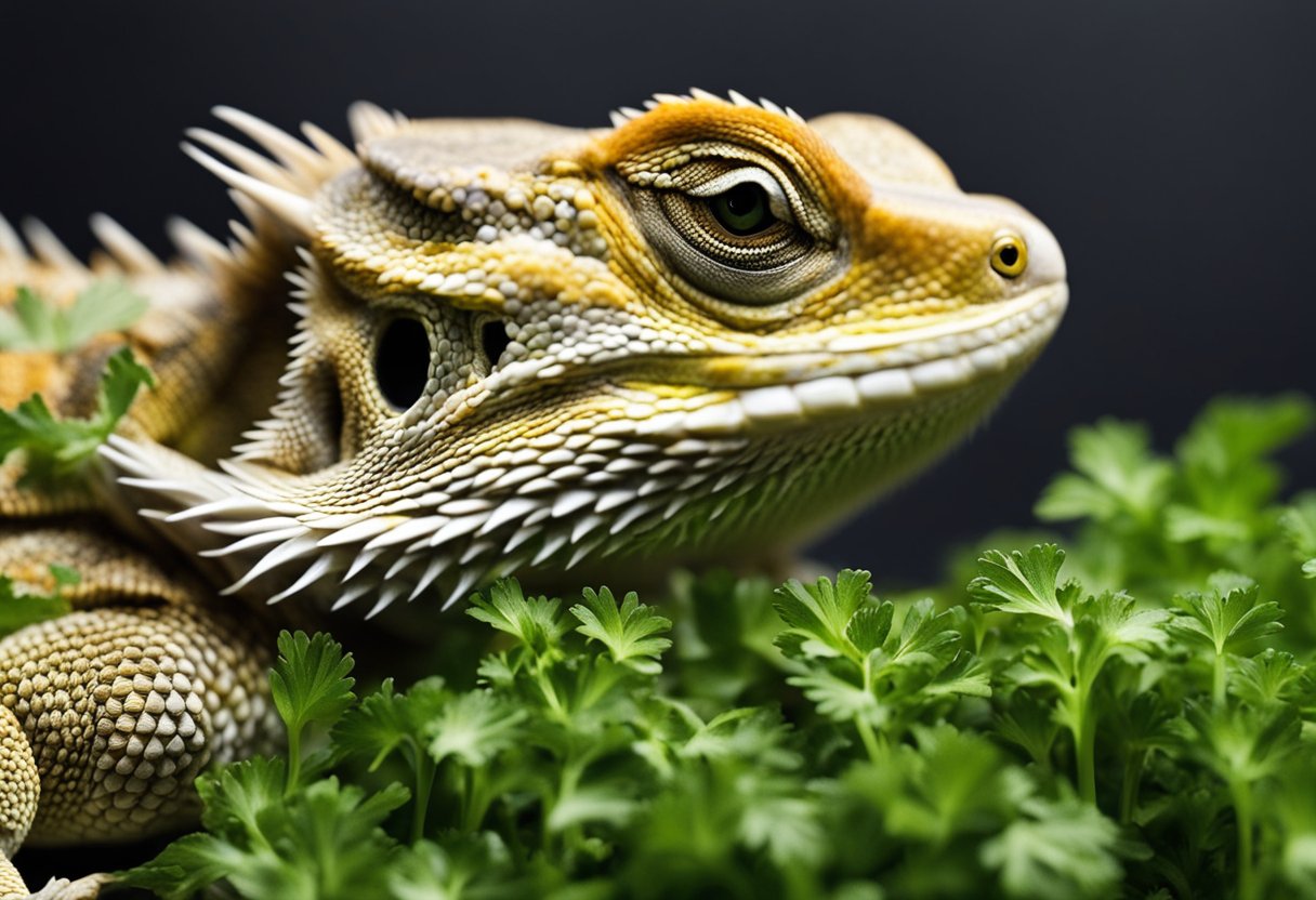 A bearded dragon is shown eating a small portion of parsley, with a text bubble indicating the recommended serving size and frequency for this food