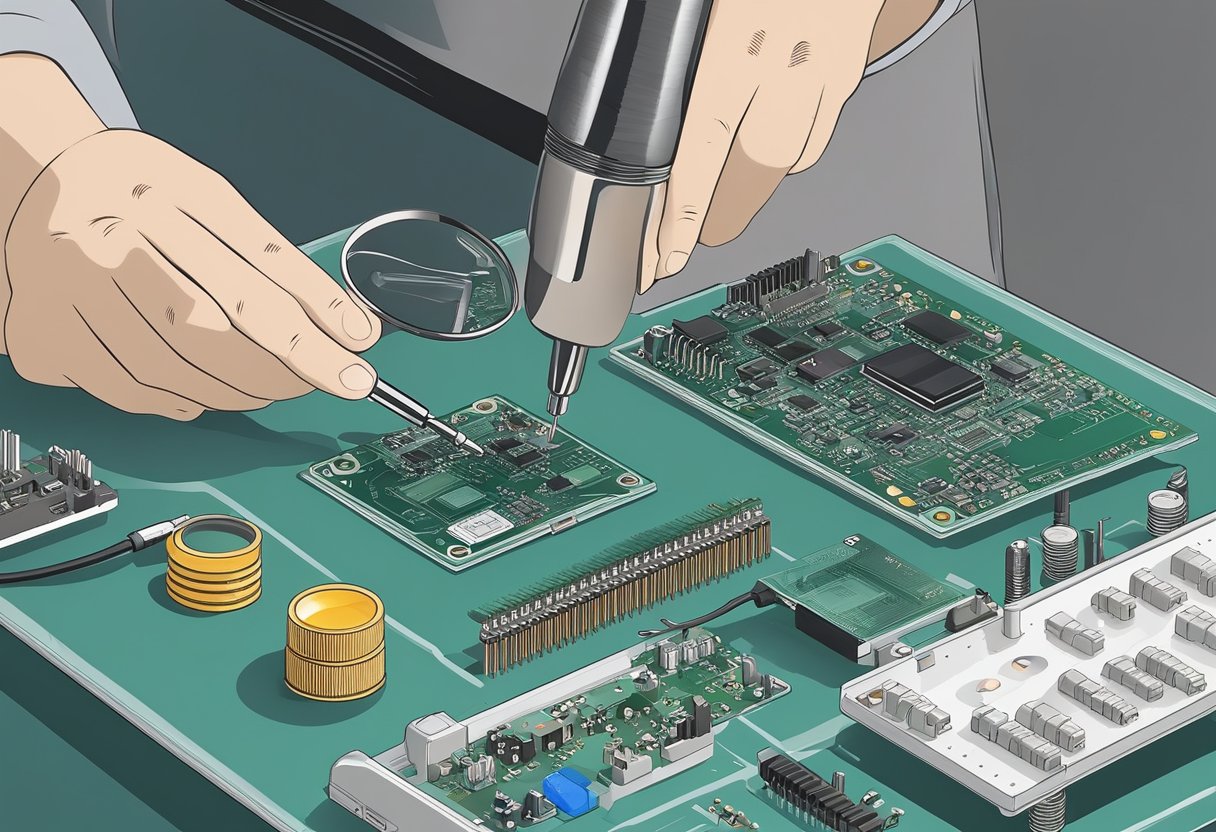 A technician soldering components onto a printed circuit board (PCB) using a soldering iron and a magnifying glass