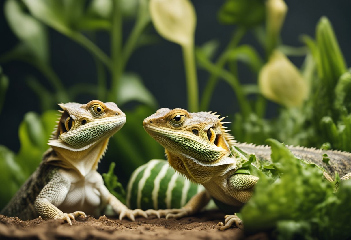 Bearded dragons eating zucchini, showing them consuming the vegetable with interest