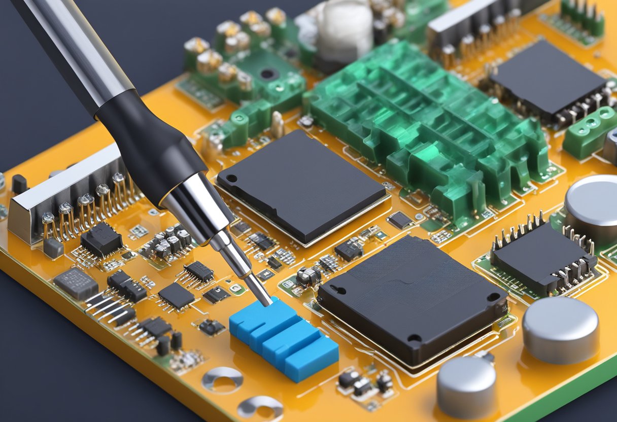 Soldering iron melts solder onto PCB components, creating electronic connections