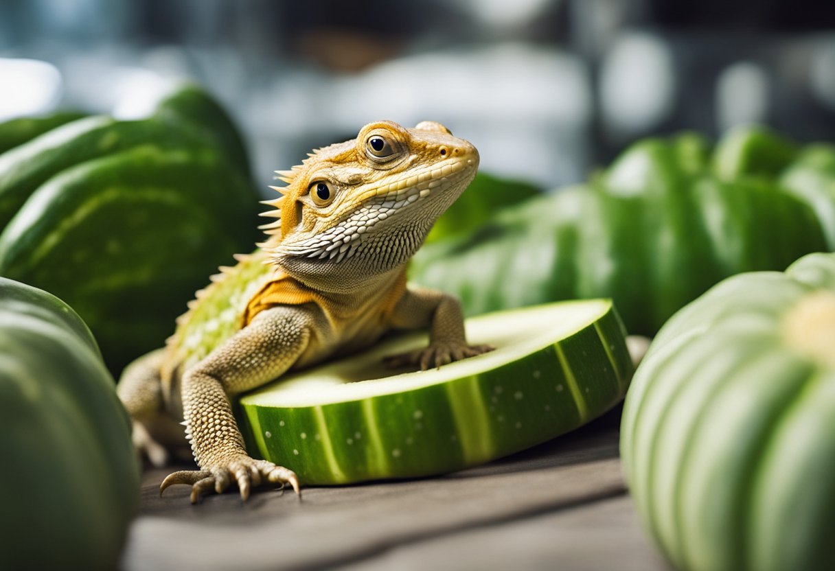 A bearded dragon eagerly munches on a fresh zucchini, its eyes bright with curiosity and satisfaction