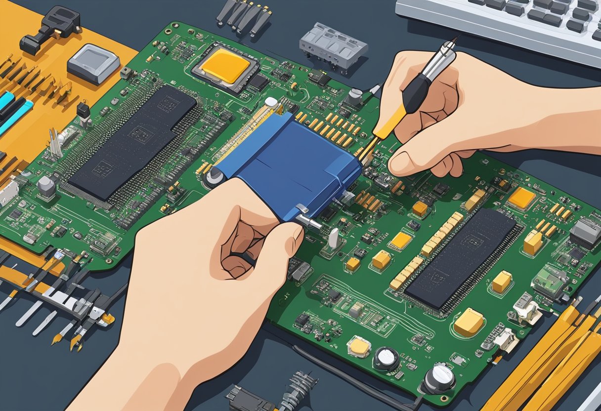 Components are placed on a PCB. Soldering iron melts solder onto the connections. Finished PCB is inspected for quality