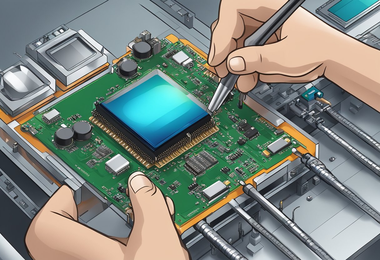 Electronic components being placed onto a circuit board, soldered, and tested for functionality in a manufacturing facility