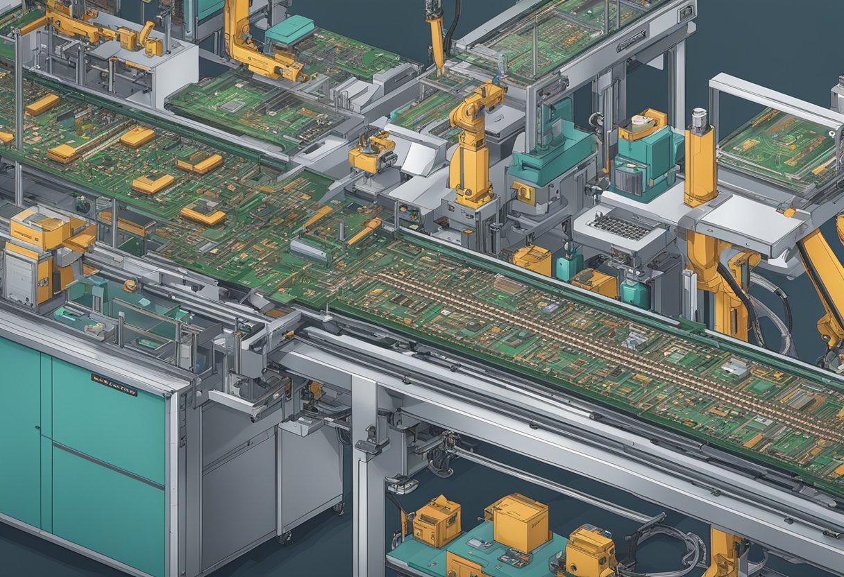 A conveyor belt moves printed circuit boards (PCBs) through various stations, where components are soldered onto the boards by robotic arms