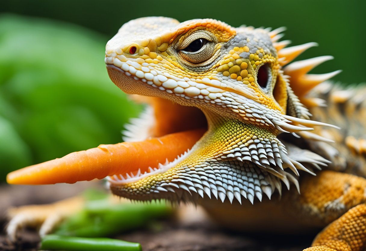 A bearded dragon eagerly munches on a vibrant orange carrot, its sharp teeth crunching through the fresh vegetable with gusto