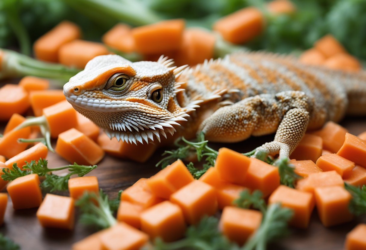 A bearded dragon surrounded by small, bite-sized pieces of carrots, with a clear serving size guide nearby