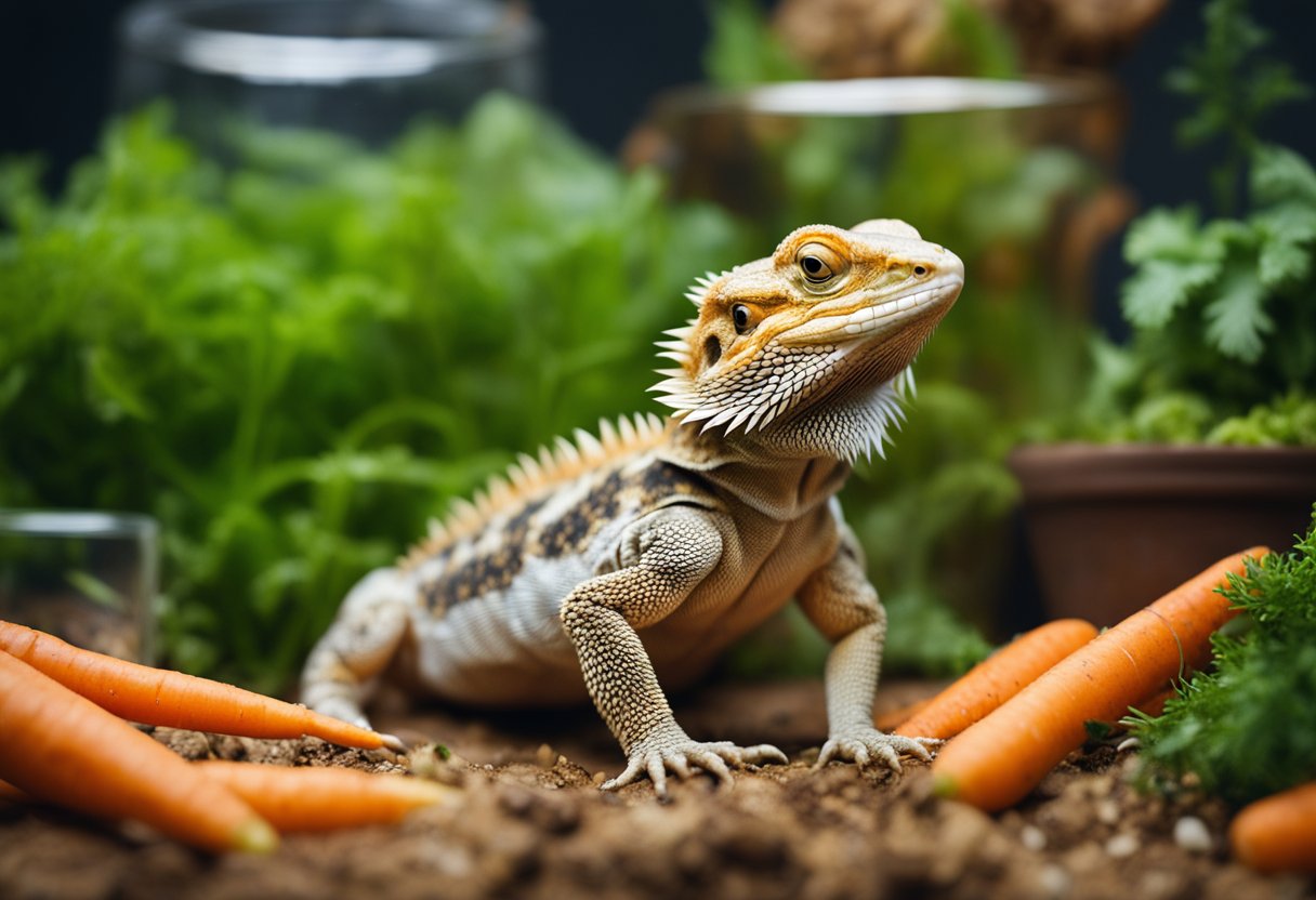 A bearded dragon eagerly eats a pile of fresh carrots in its terrarium