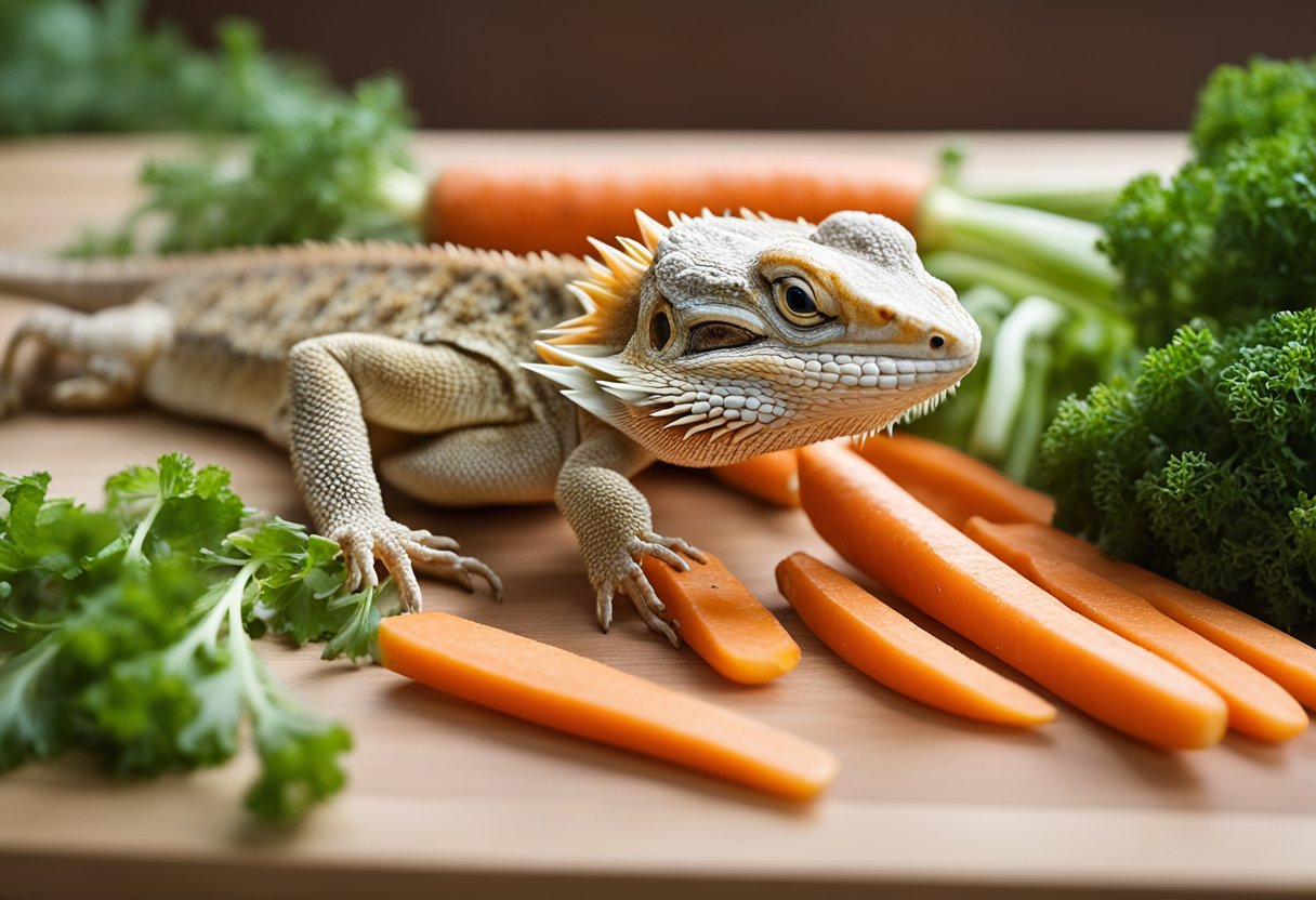 Bearded dragon eating carrots, surrounded by carrot peels and a cutting board