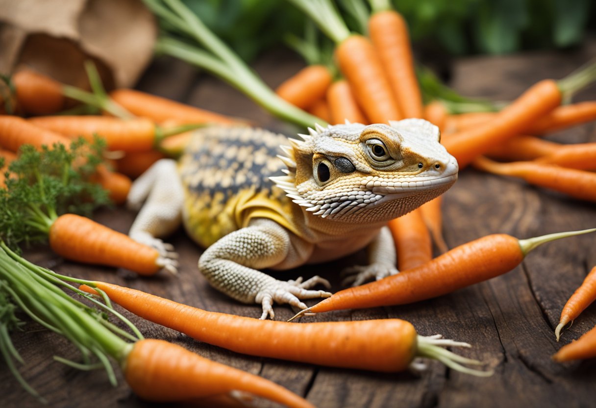 A bearded dragon surrounded by carrots, showing caution sign and stomach ache