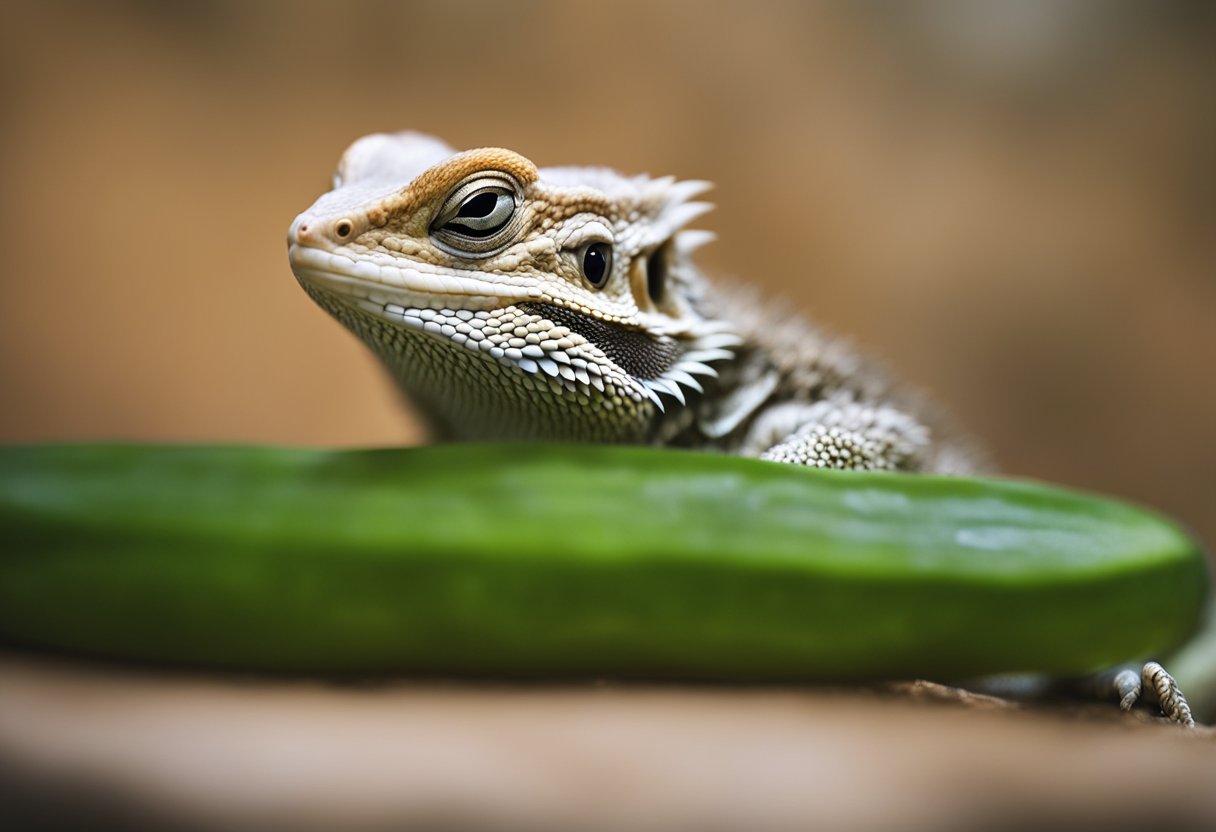 A bearded dragon eagerly munches on a slice of cucumber in its terrarium