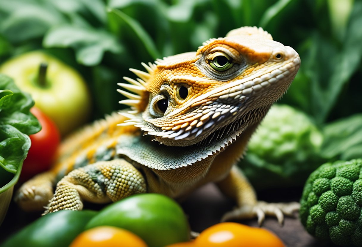 A bearded dragon surrounded by various types of vegetables, with a cucumber placed in front of it