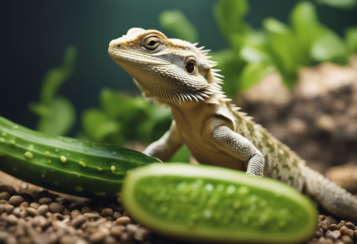 A bearded dragon is surrounded by cucumbers, with a question mark hovering above its head