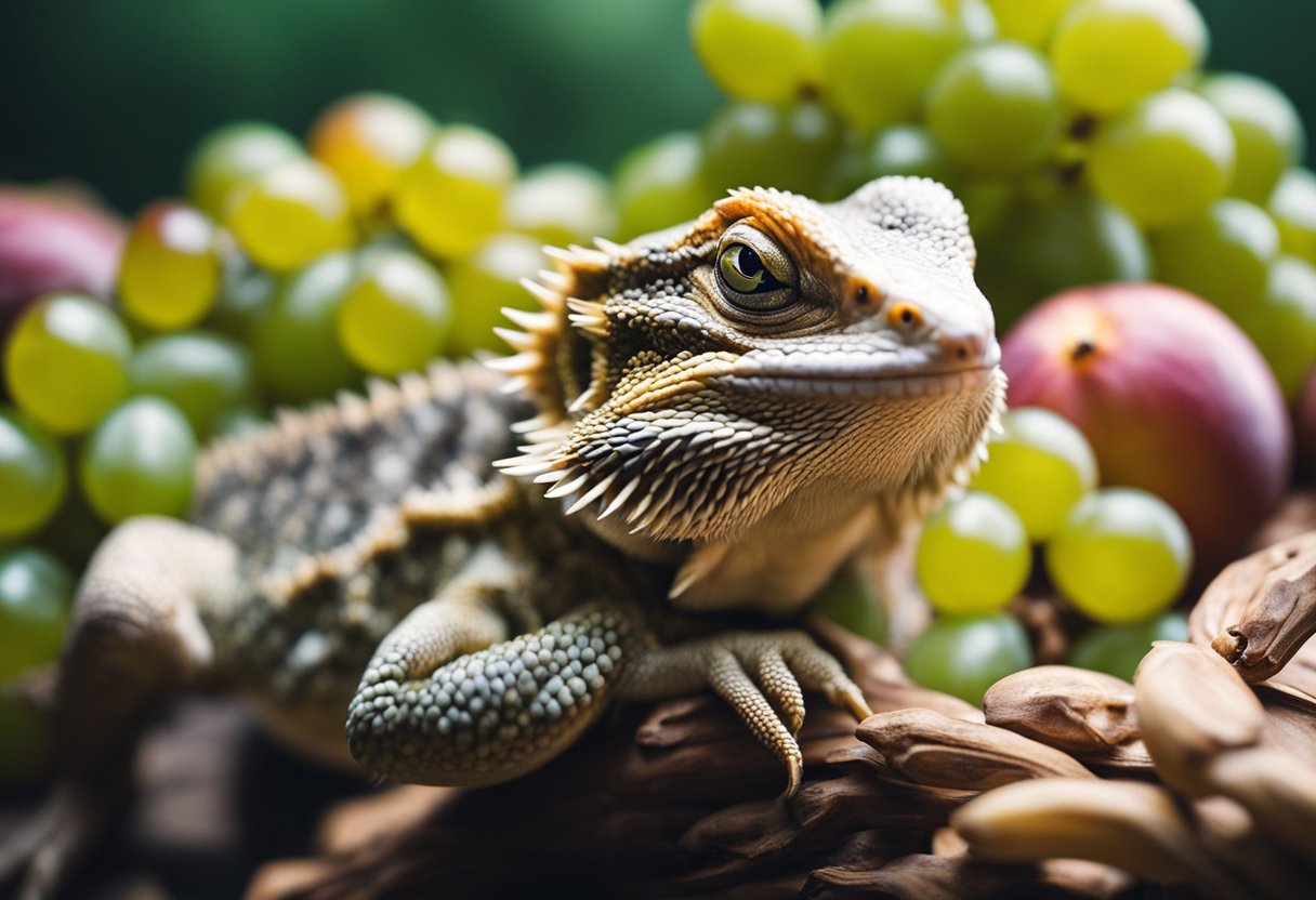 A bearded dragon surrounded by various fruits, with a focus on grapes