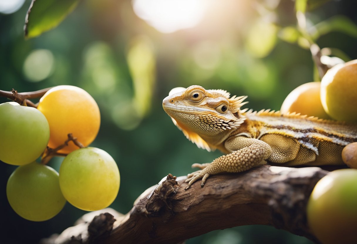 A bearded dragon sits on a branch, surrounded by various fruits. Grapes are among the options, while a watchful eye observes its health