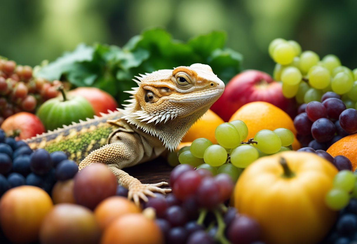 A bearded dragon surrounded by various fruits and vegetables, with a clear focus on grapes as a potential part of its diet