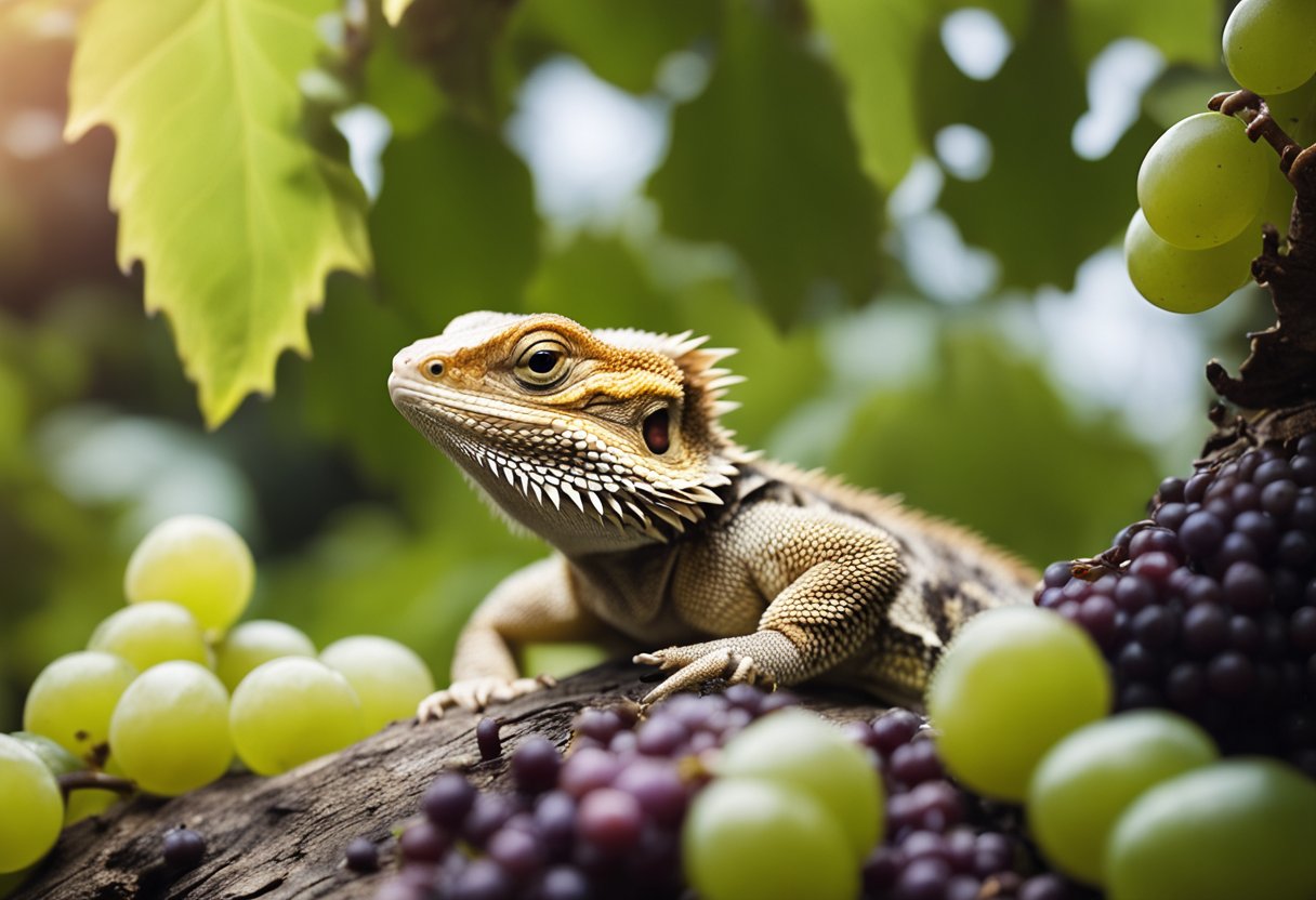 A bearded dragon surrounded by grapes, with a question mark above its head