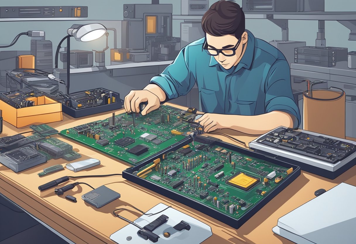 A technician swiftly assembles PCB components on a workbench. Soldering iron in hand, they meticulously connect tiny circuits