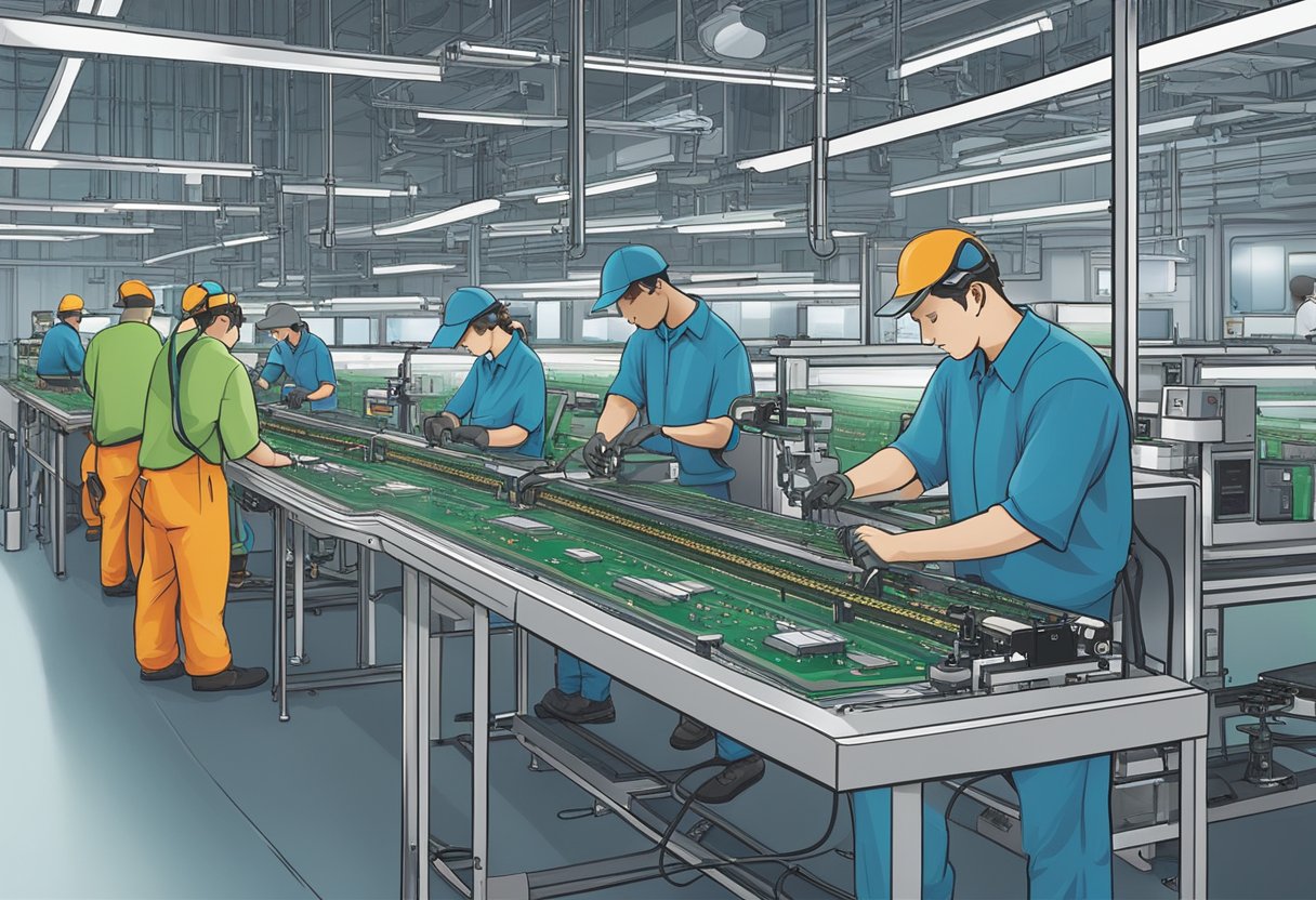 The assembly line hums as circuit boards move swiftly through soldering and testing stations. Technicians work efficiently, ensuring quality at every step