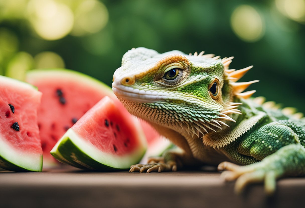Bearded dragons eating watermelon