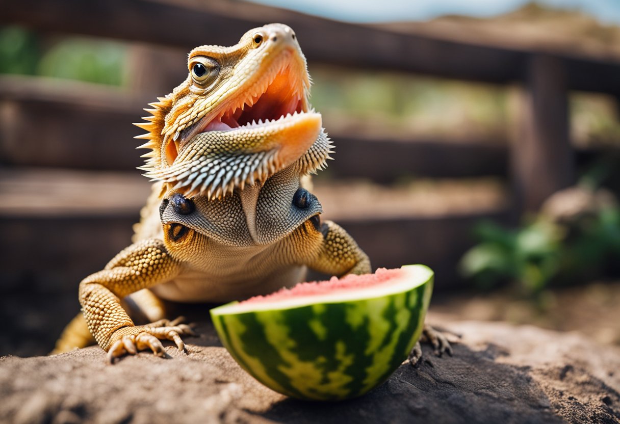 A bearded dragon eagerly eats watermelon, its tongue flicking out to capture the juicy fruit