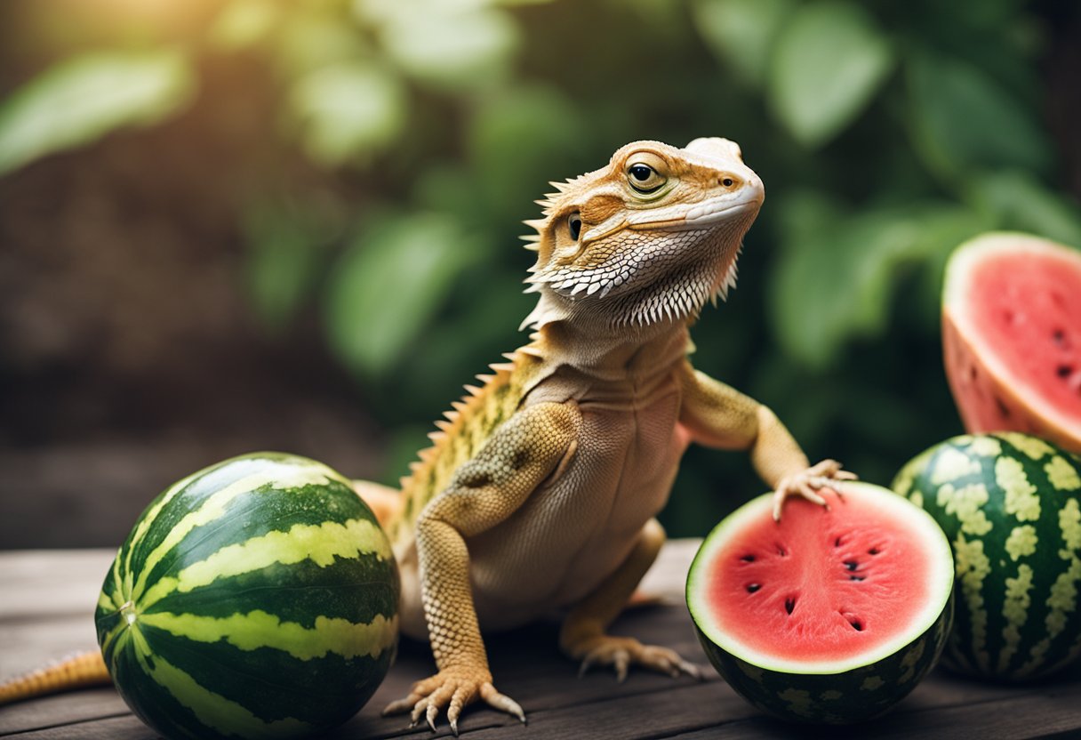 A bearded dragon standing near a watermelon, with a water dish nearby