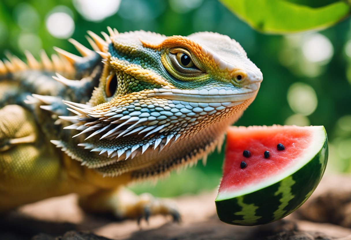 A bearded dragon eagerly eats watermelon, its tongue flicking out to catch the juicy fruit