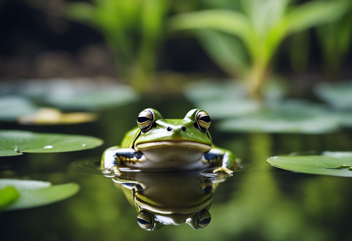 A frog sits at the bottom of a pond, its chest expanding as it breathes in oxygen from the water through its skin