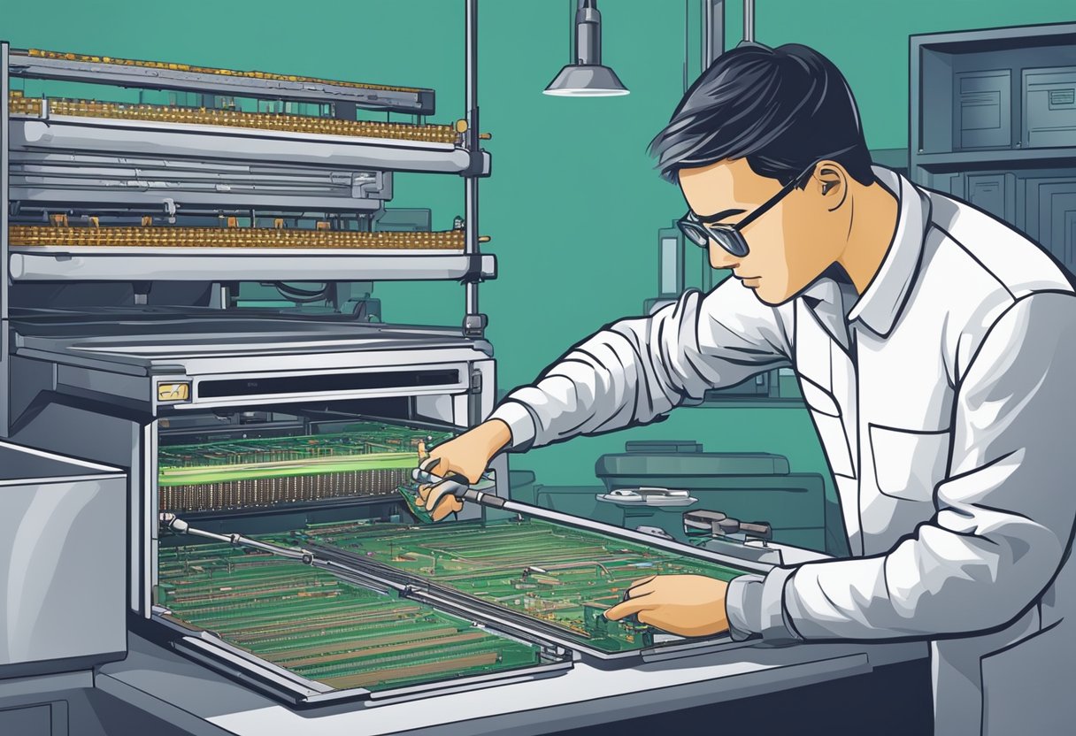 A technician carefully places BGA components onto a PCB, using a reflow oven for soldering