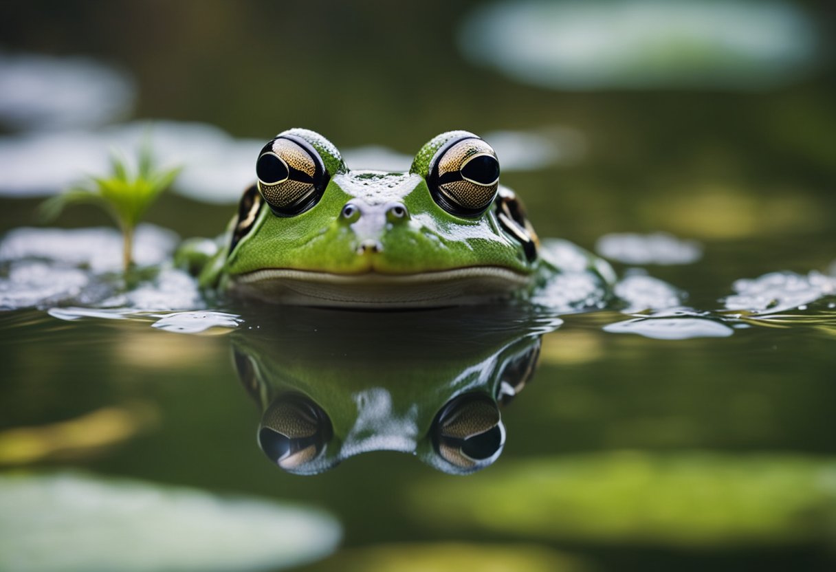 A frog sits at the bottom of a pond, its skin glistening with water. It takes a deep breath and then exhales, releasing bubbles as it continues to breathe underwater