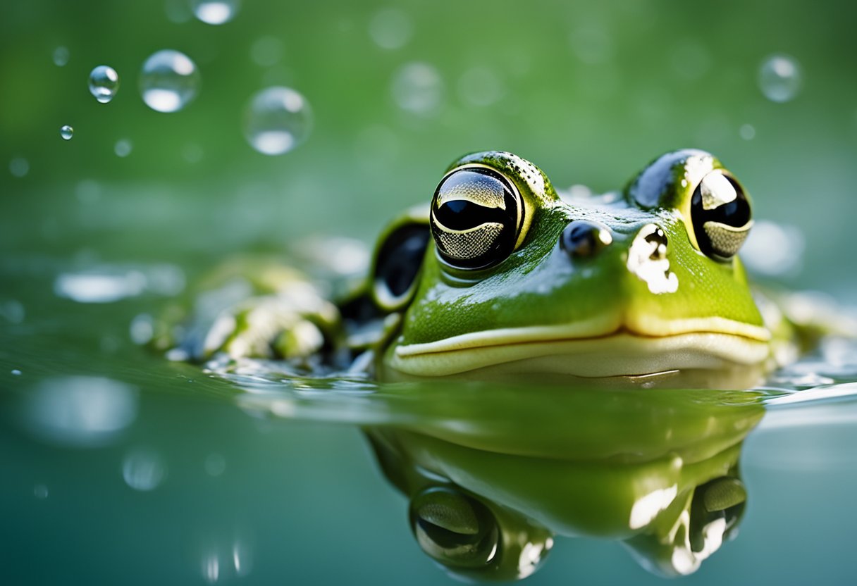 A frog submerged in water, with bubbles coming out of its nostrils, demonstrating its ability to breathe underwater despite environmental factors affecting respiration