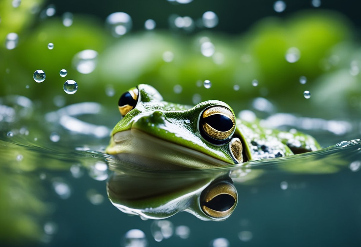 A frog submerged in water, with bubbles rising from its nostrils, illustrating its ability to breathe underwater