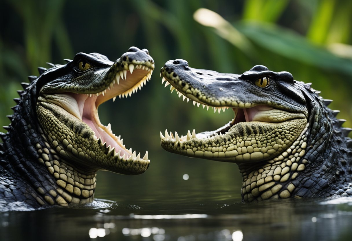 Crocodiles and alligators face off in a murky swamp, their powerful jaws open in a display of dominance. The tension is palpable as they size each other up, ready to defend their territory