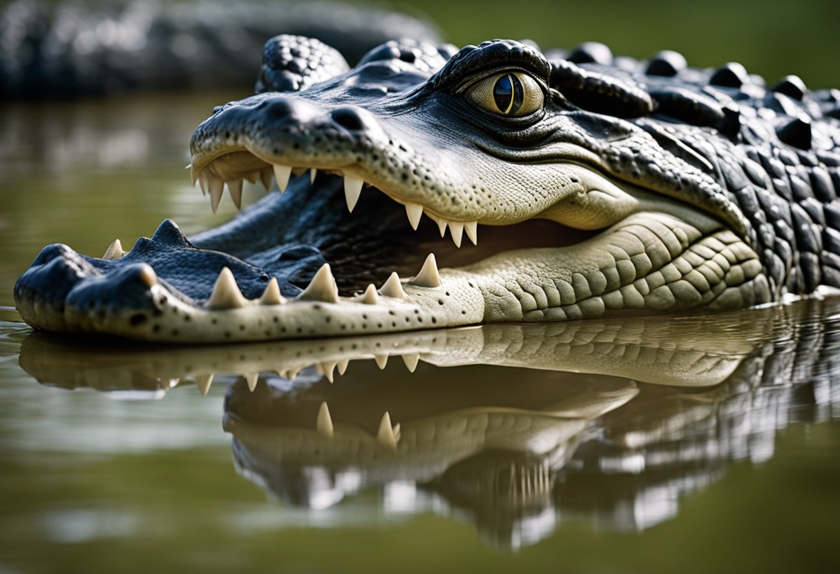 Crocs and alligators face off, jaws open, eyes locked, in a tense interaction