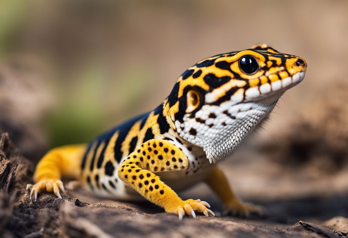 A leopard gecko bites a small insect, its jaws snapping shut with precision