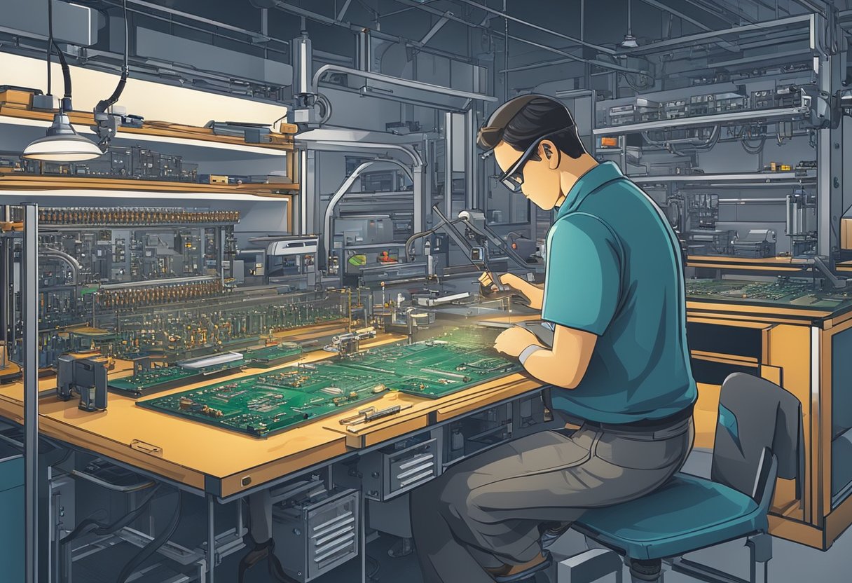 A technician assembles PCB components on a workbench with precision tools and equipment in a well-lit, organized manufacturing facility