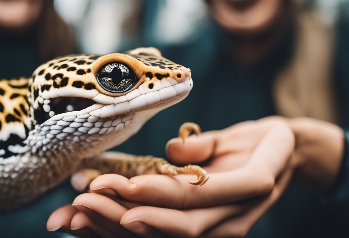 A leopard gecko with its mouth open, displaying its teeth and tongue, while being handled by a person