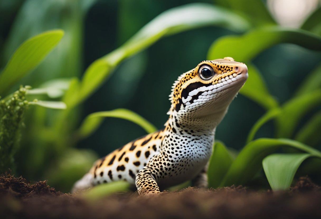 A leopard gecko with a calm expression, surrounded by vibrant plants and a warm, inviting habitat