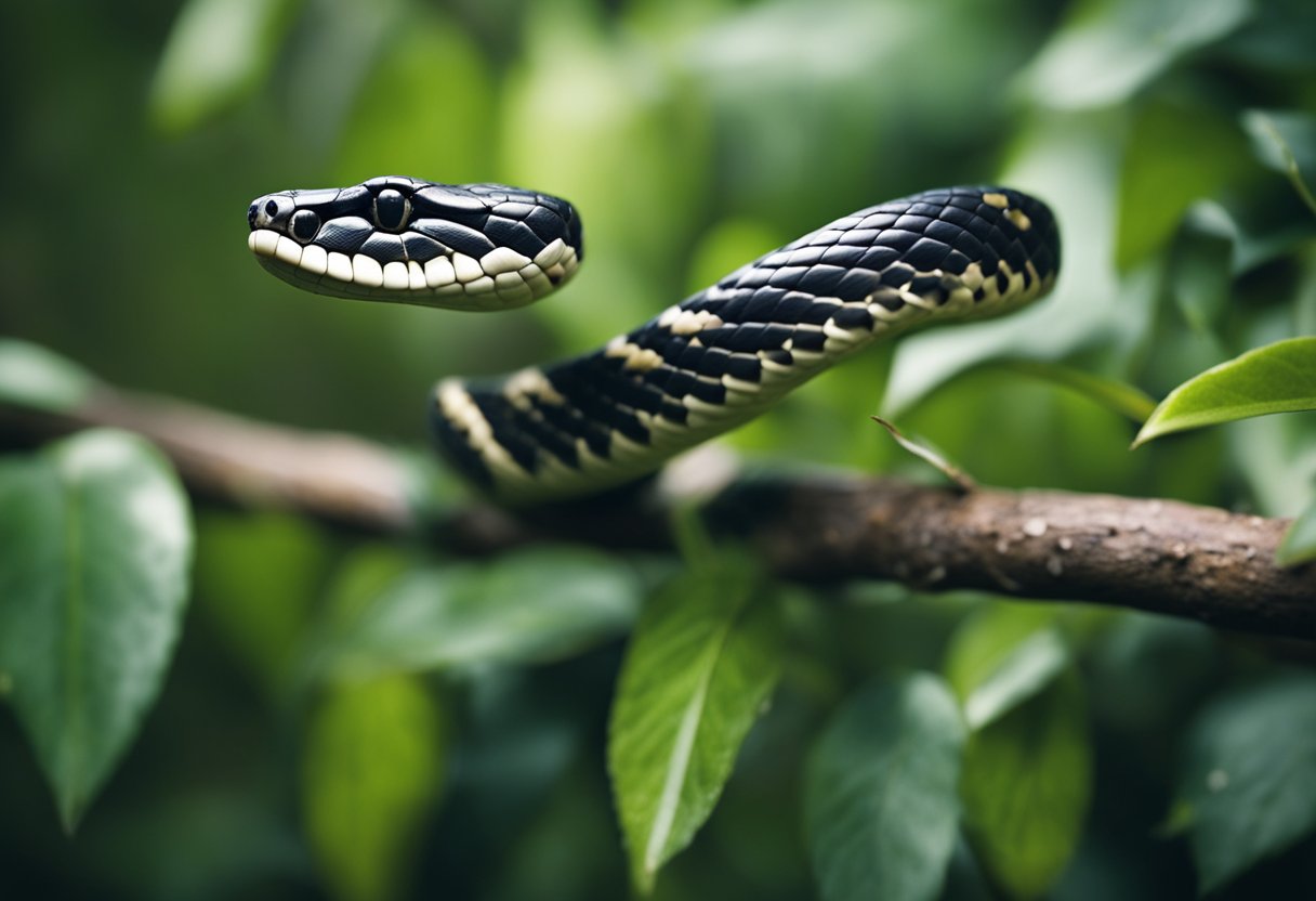 A snake coils on a branch, its body tense. It releases a silent fart, causing the nearby leaves to rustle