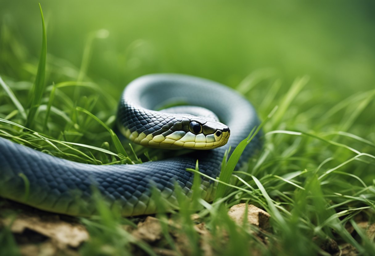 A snake coils in a grassy clearing, its body tense as it releases a silent fart