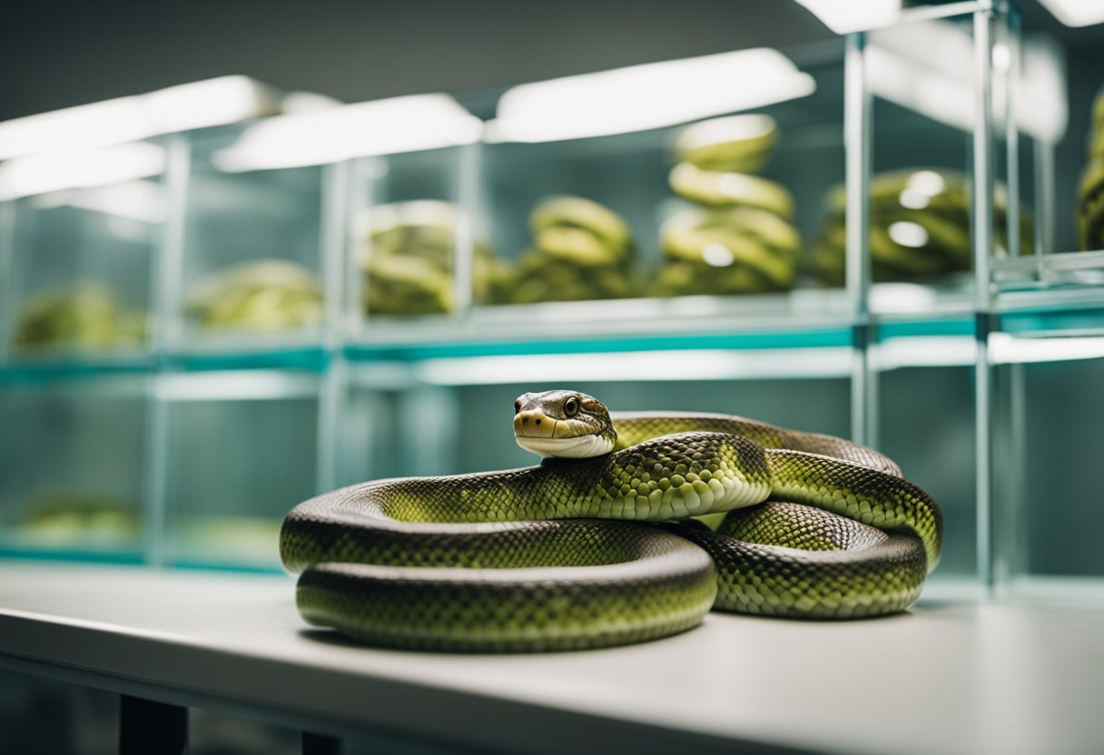 Snakes slither in a research lab, where scientists observe their behavior and collect data to answer the question: do snakes fart?