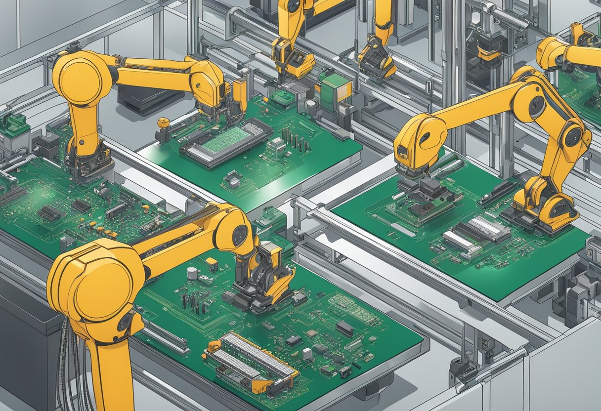 PCB components being placed onto a circuit board by robotic arms in a clean and organized assembly line