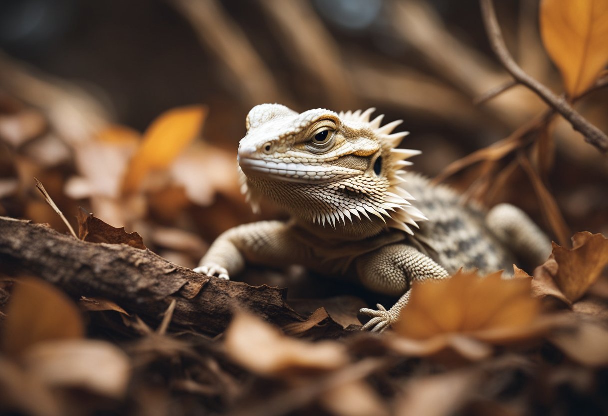 A bearded dragon lies dormant in a cozy burrow, surrounded by dry leaves and twigs, its body still as it enters hibernation