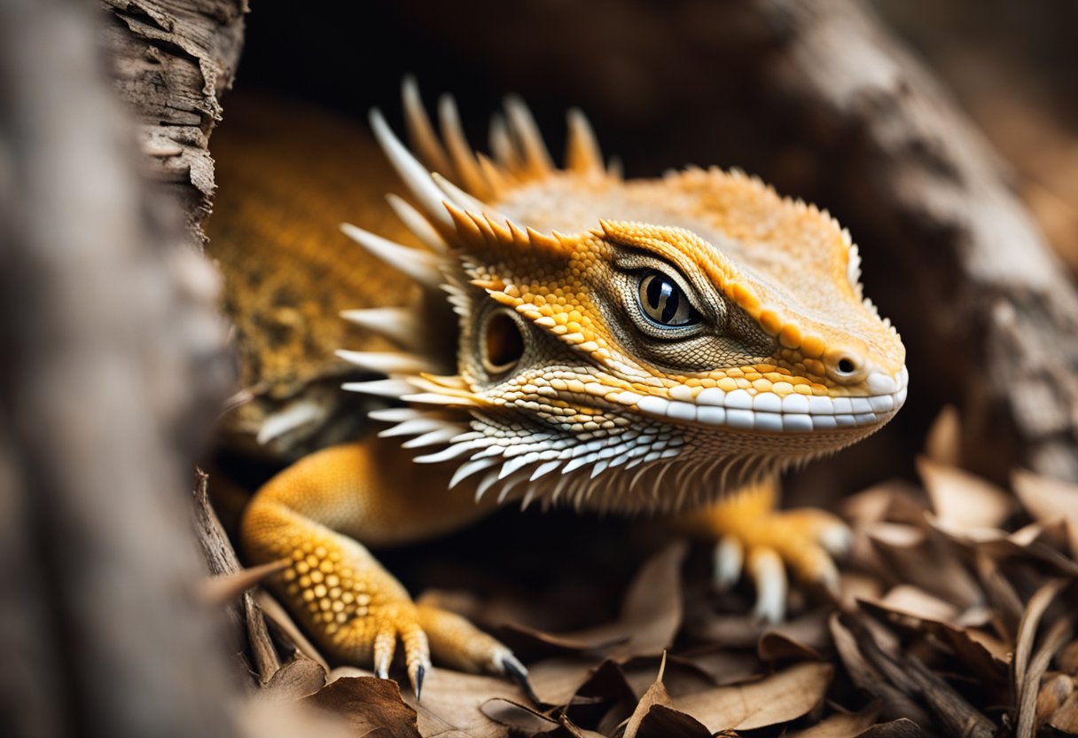 A bearded dragon curls up in a cozy burrow, surrounded by dry leaves and logs. Its eyes droop as it prepares for brumation, a form of hibernation
