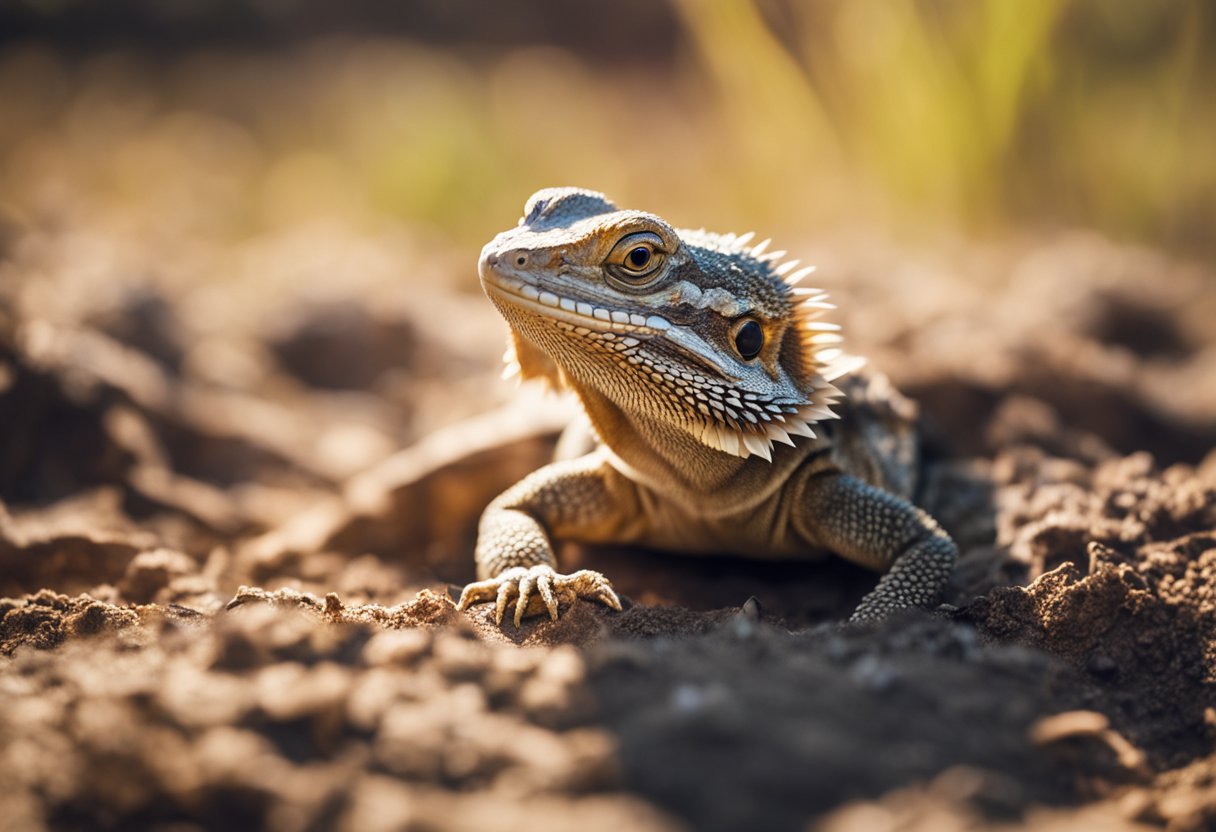A bearded dragon emerges from its burrow, stretching and basking in the warm sunlight after brumation