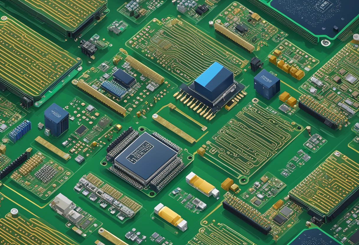 Circuit boards being assembled and tested with various electronic components