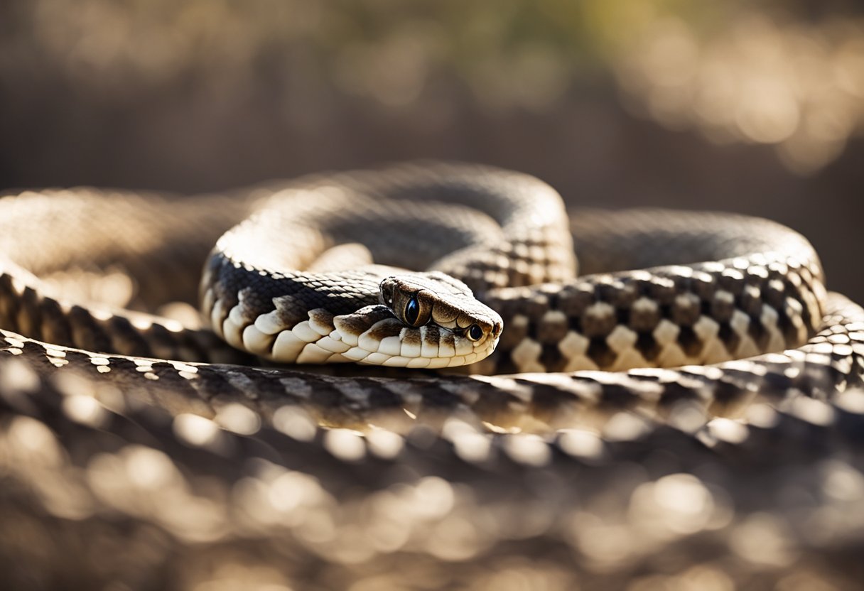 A rattlesnake coils, ready to strike, its scales glistening in the sun, while its distinctive rattle shakes menacingly