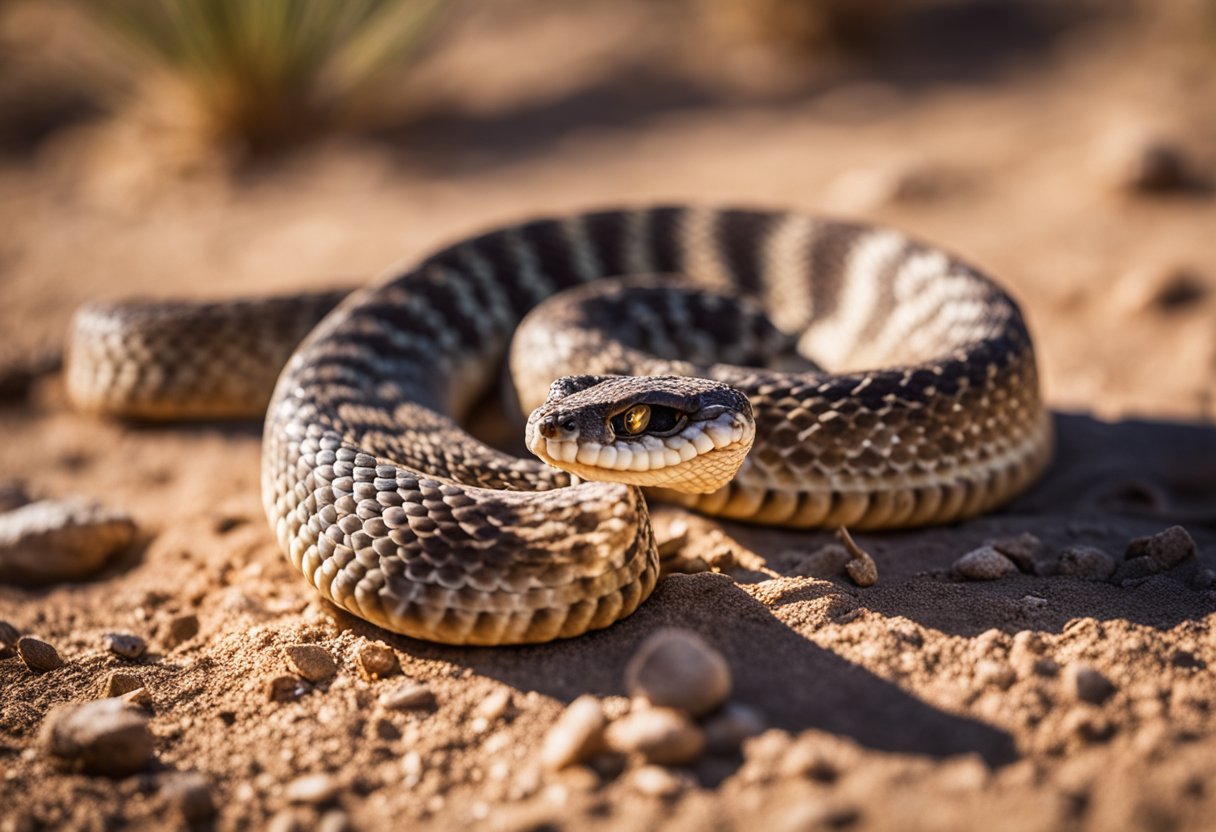 A coiled rattlesnake poised to strike in a desert setting