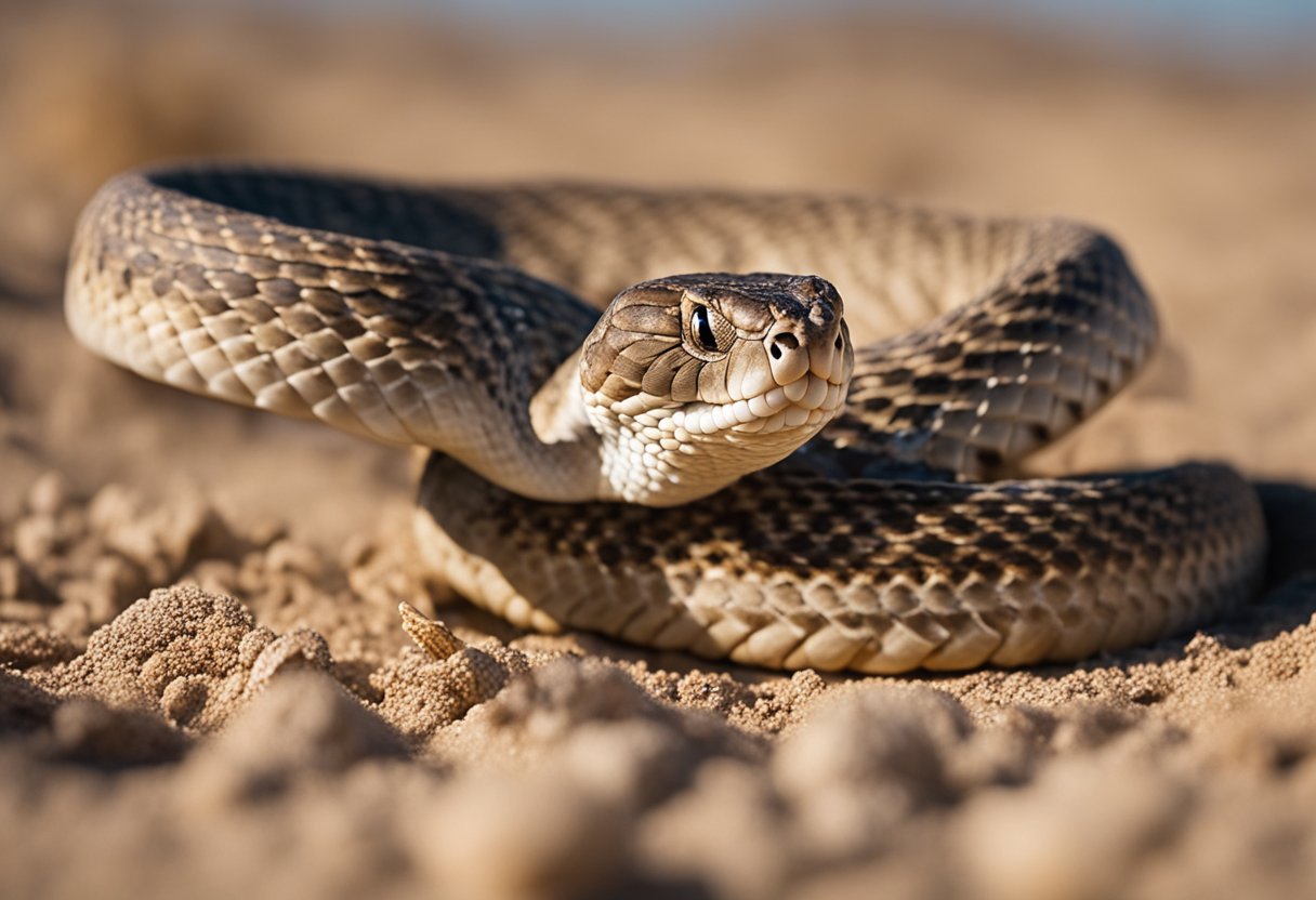 A rattlesnake coils in dry desert sand, its scales glistening in the sun. Its tongue flicks out, tasting the air for prey