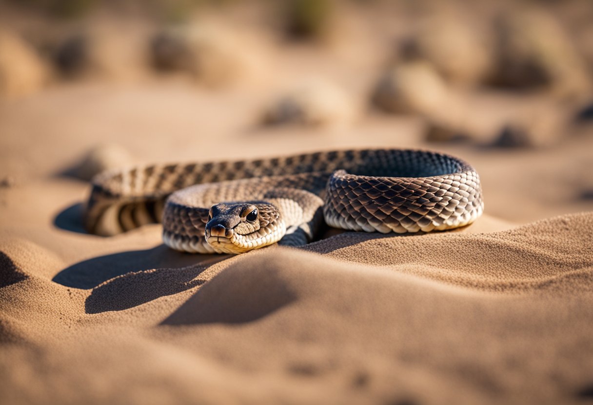 A rattlesnake coiled on desert sand, tongue flicking out, with a warning rattle visible on its tail