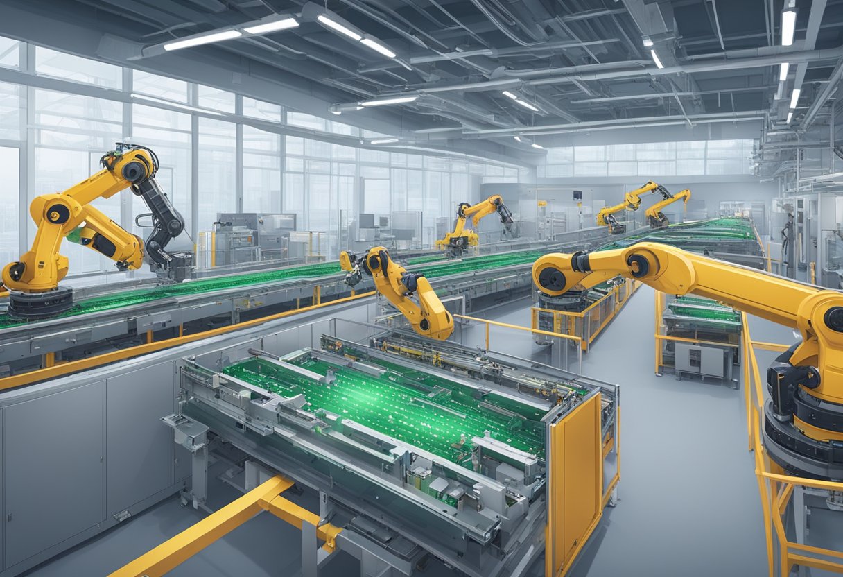 A conveyor belt moves circuit boards through robotic assembly arms in a high-tech facility in China